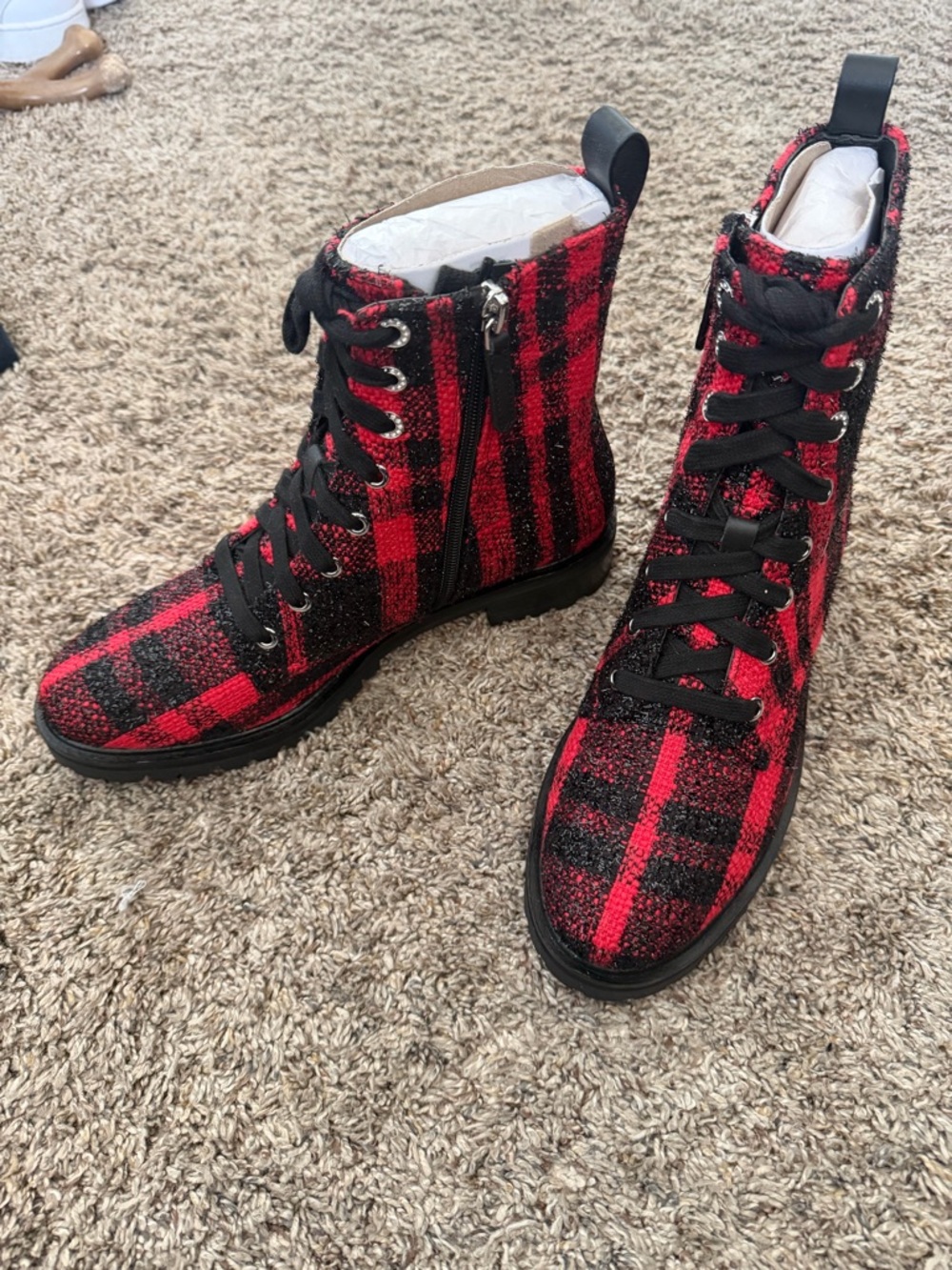 kate spade Red and Black Plaid Lace-Up Combat Boots